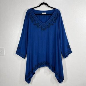 HolyClothing Tunic Top Womens 4X Blue Floral Embroidered Boho Renaissance Fairy